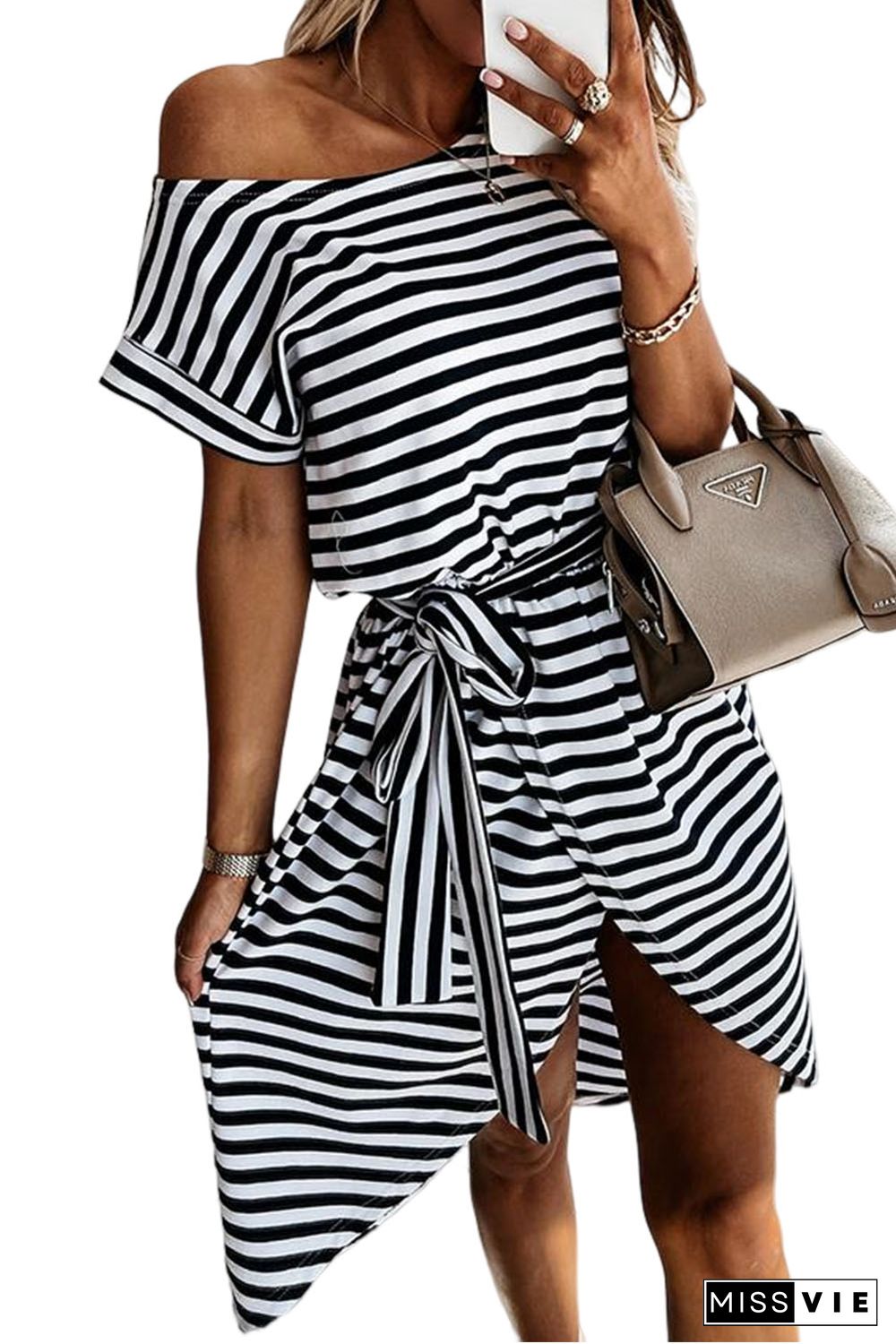 Black Stripe Short Sleeve Belted Wrapped Hemline T-Shirt Dress