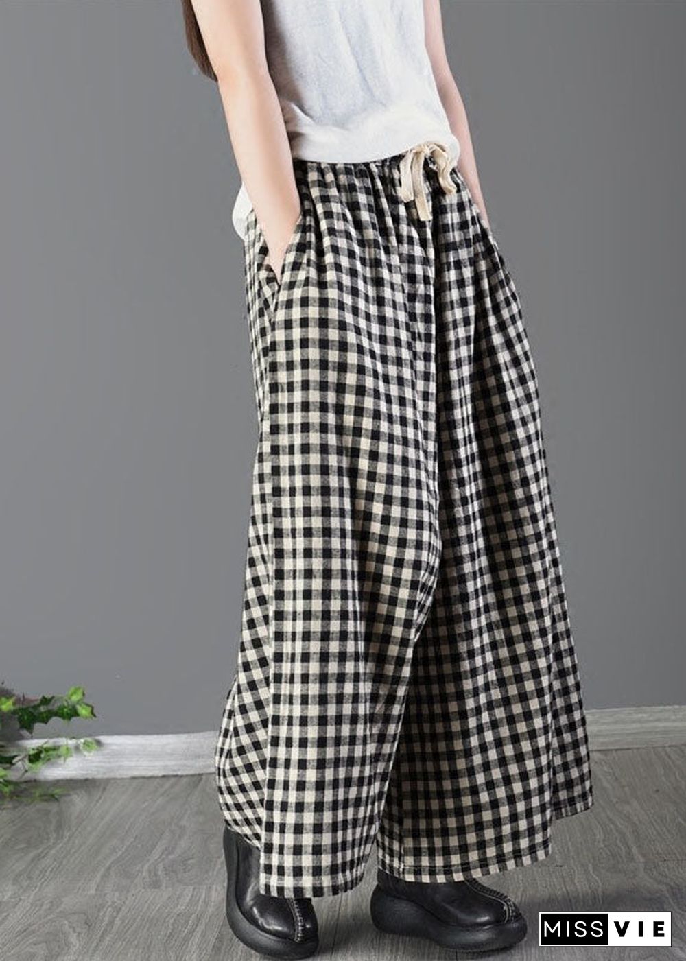 Casual Large Plaid Elastic Waist Linen Wide Leg Pants Summer