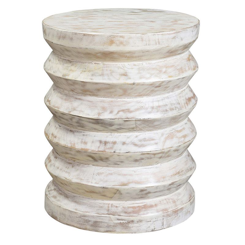 Round End Table with Spring Design Wooden Frame and Round Top， Washed White