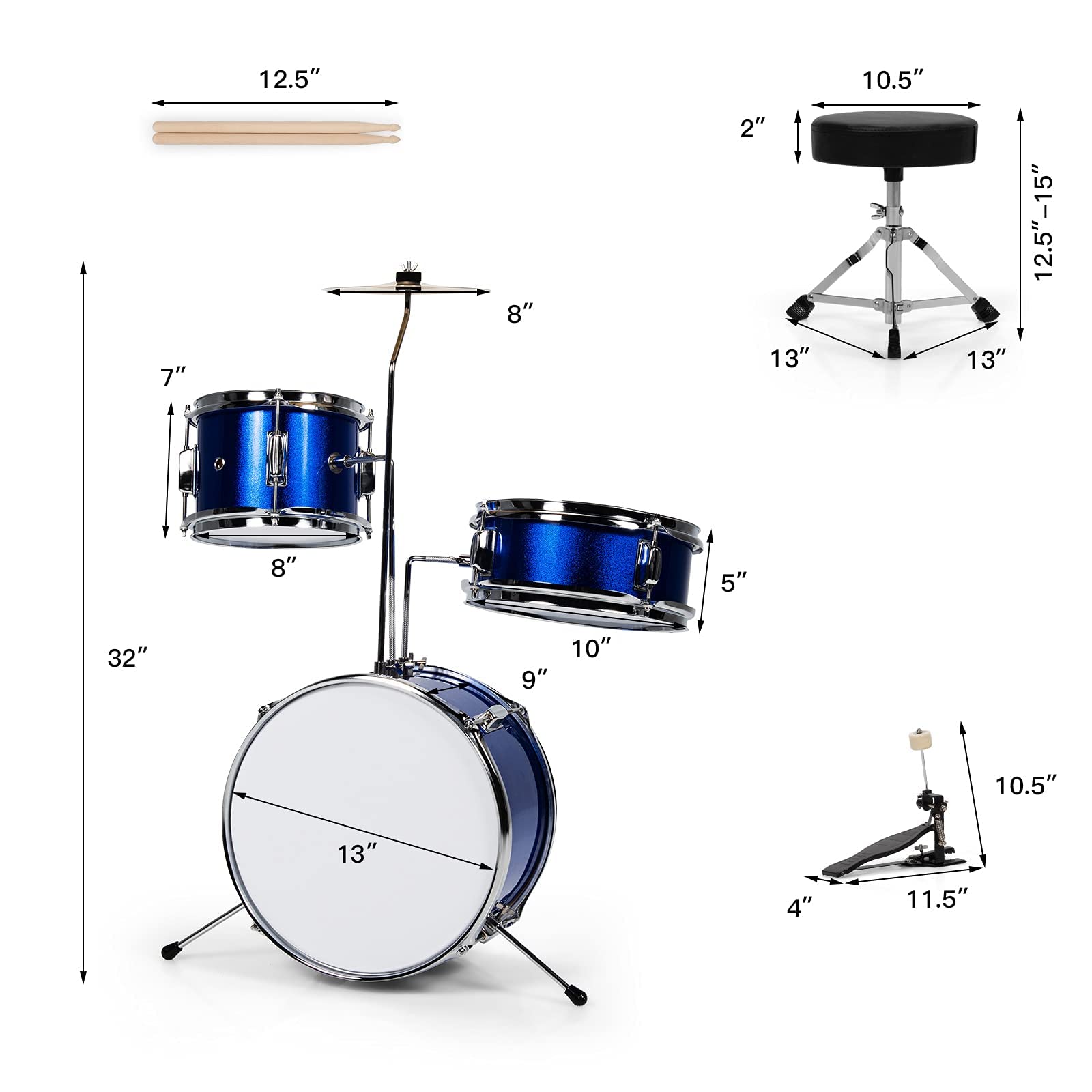 Costzon 3-Piece Kids Drum Set, 13 inch Junior Drum Set with 3 Drums (Bass Snare Tom)