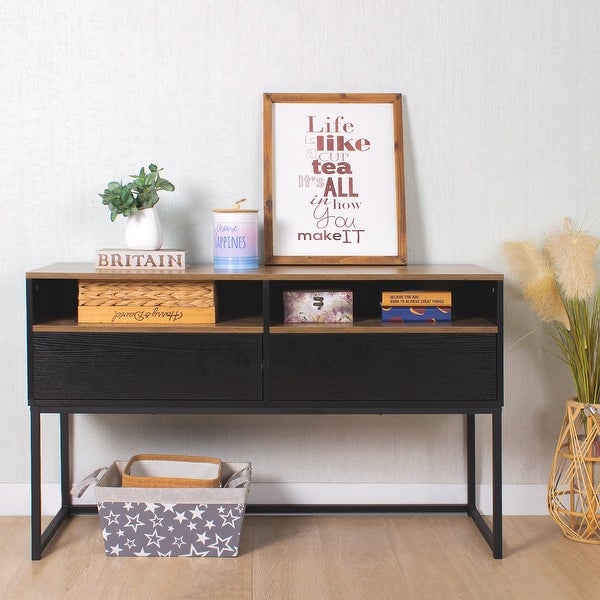 Console Sofa Table with 2 Open Shelves and 2 Drawers for Living Room， Brown (47.24''x15.75''x29.13'')