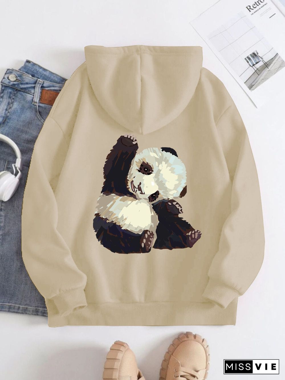 Printed on the Back Kangaroo Pocket Hoodie Long Sleeve for Women Pattern Panda