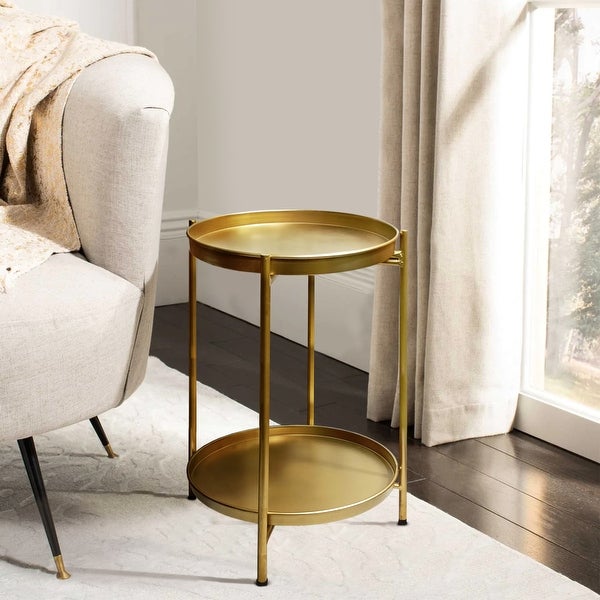 20 Inch High Round Side End Table with 2 Tier Iron Frame， Matte Gold