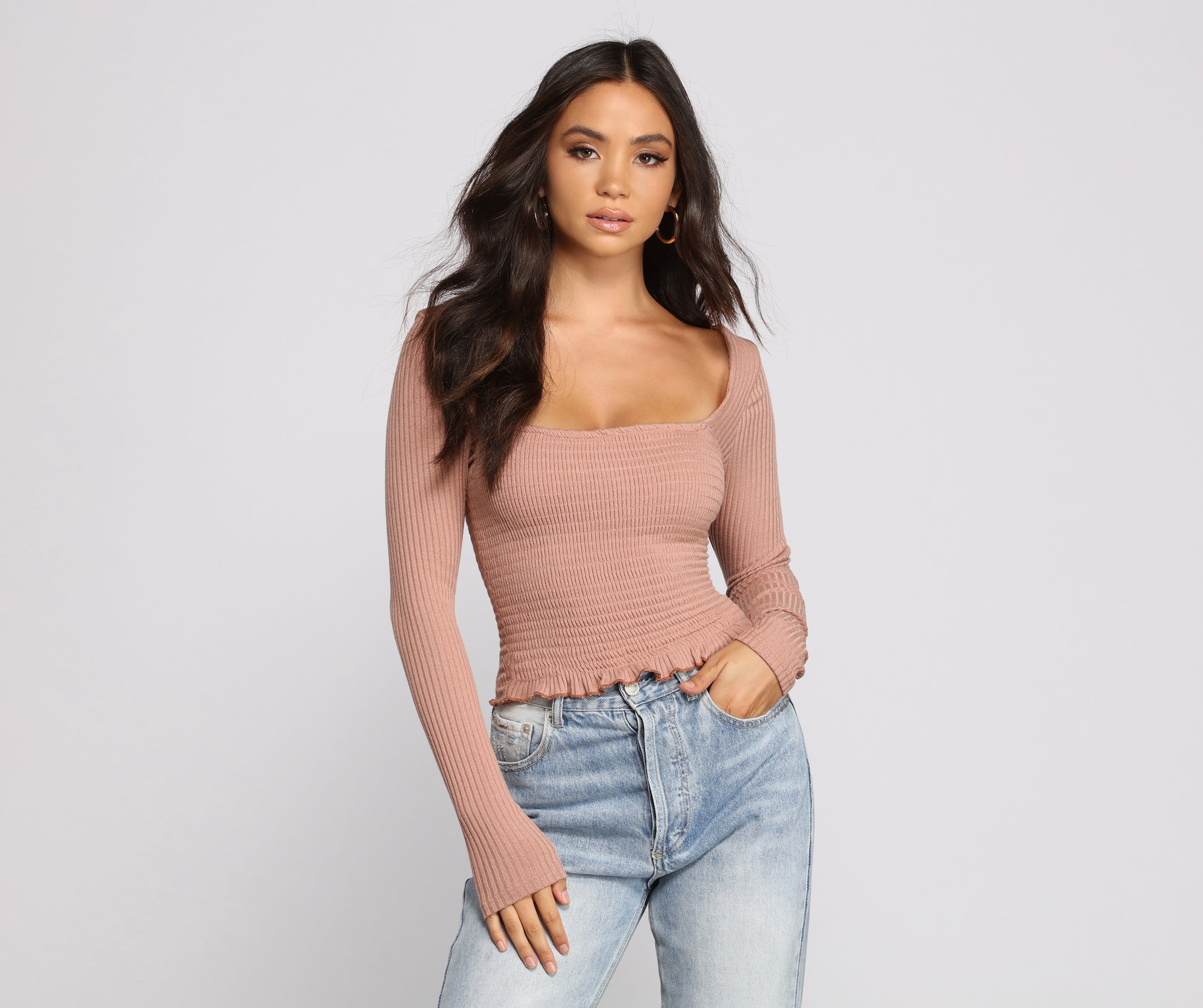 Ribbed And Smocked Square Neck Crop Top