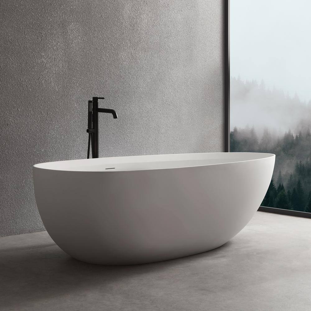 MEDUNJESS Luna 71 in. Stone Resin Solid Surface Matte Flatbottom Freestanding Bathtub in White FS302-1800