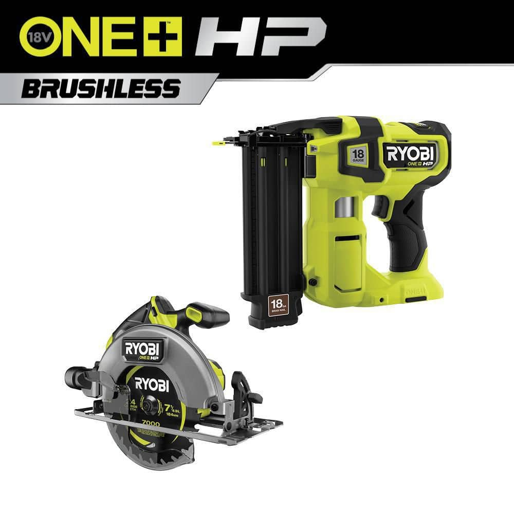 RYOBI ONE+ HP 18V 18-Gauge Brushless Cordless AirStrike Brad Nailer with ONE+ HP Brushless 7-1/4 in. Circular Saw (Tools Only) P322-PBLCS300B