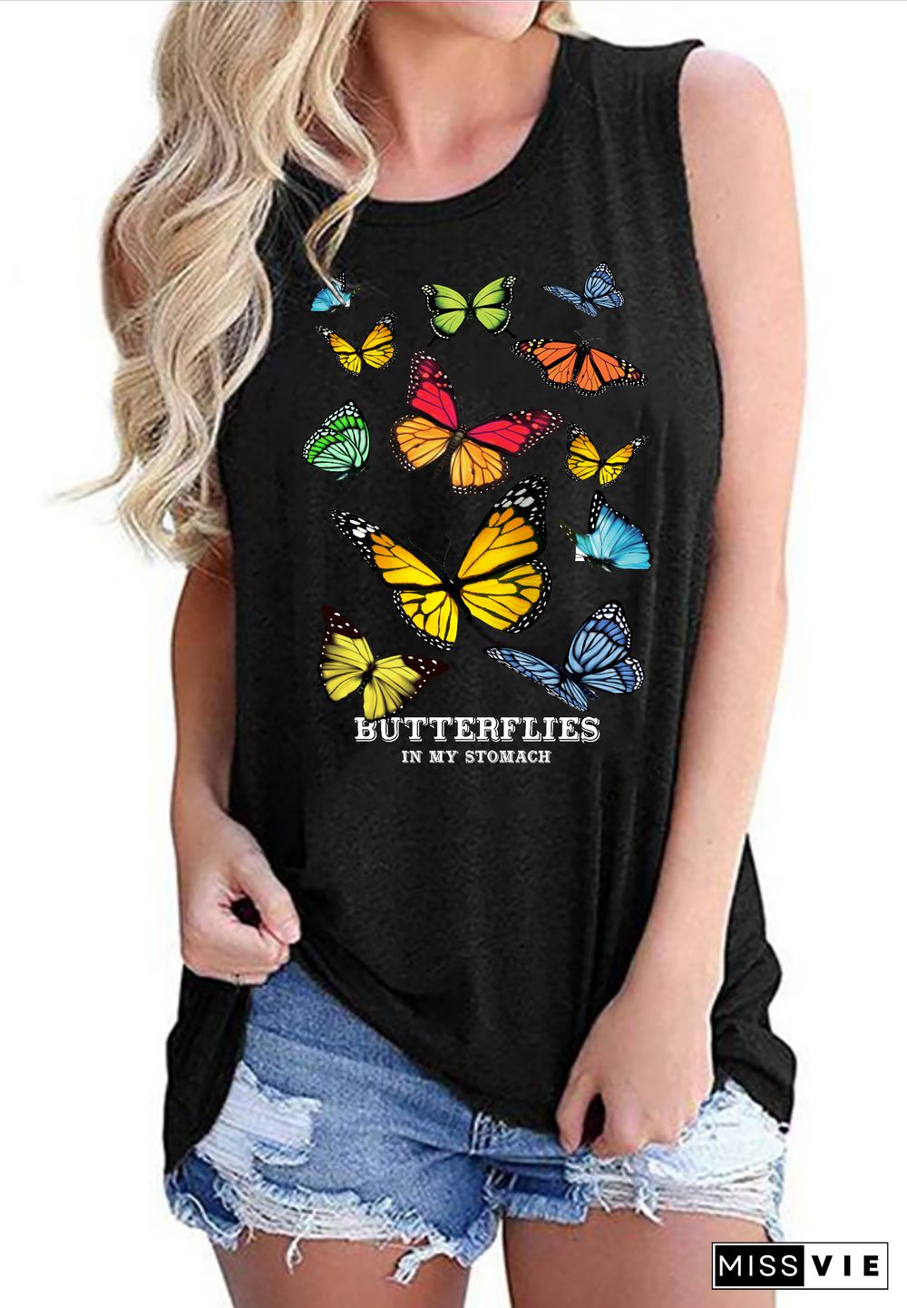 Blue Butterfly Print Graphy Tank Tops