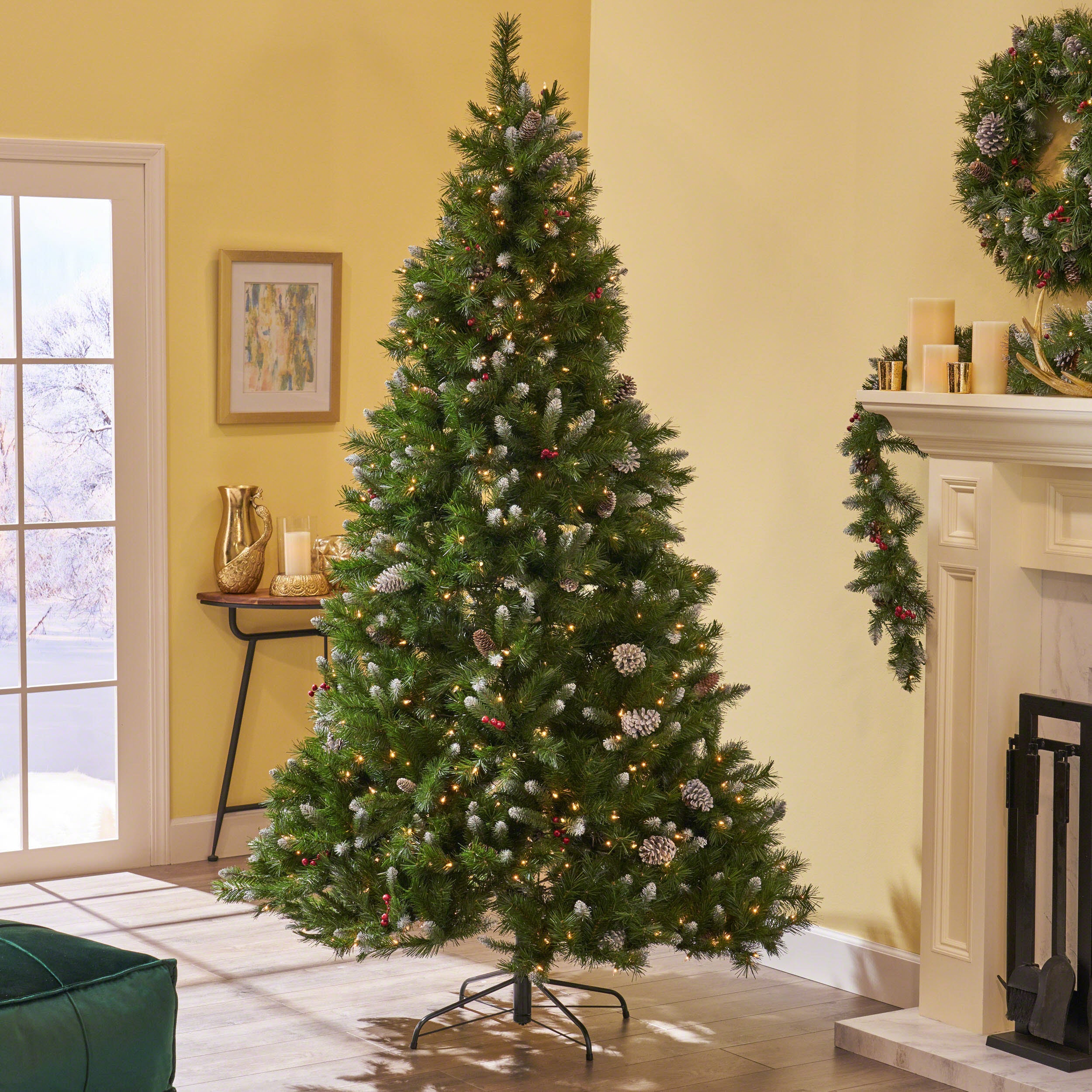 7-foot Mixed Spruce Hinged Artificial Christmas Tree with Frosted Branches, Red Berries, and Frosted Pinecones