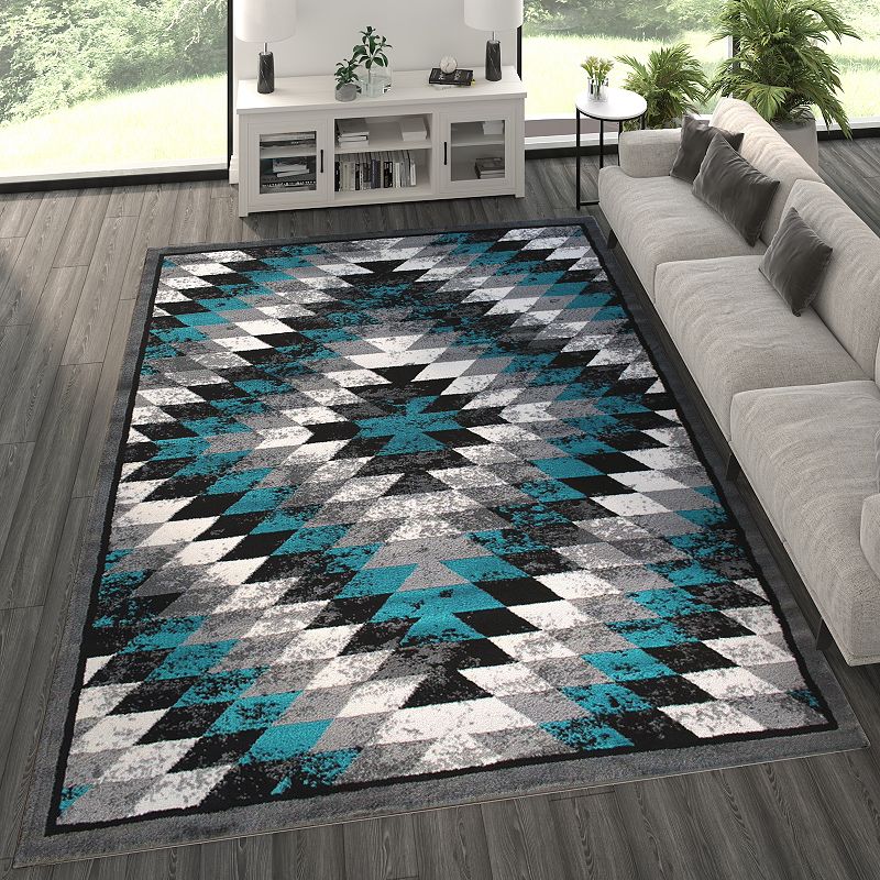 Masada Rugs Masada Rugs Stephanie Collection 8'x10' Area Rug with Distressed Southwest Native American Design 1106 in Turquoise， Gray， Black and White