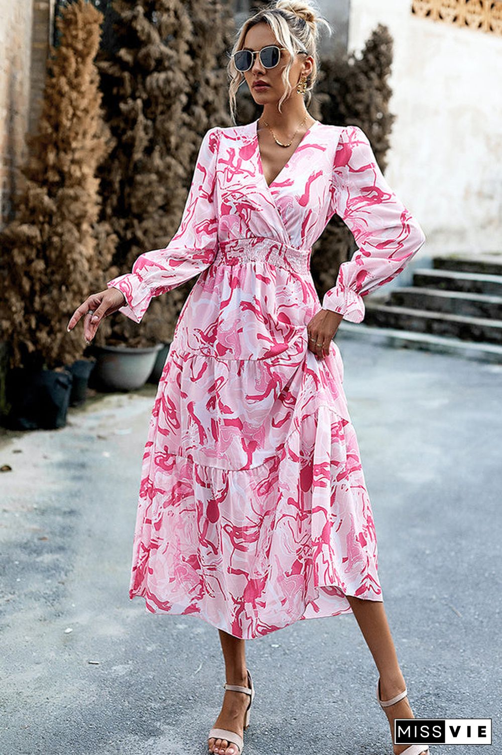 Smocked Print V Neck Midi Dress