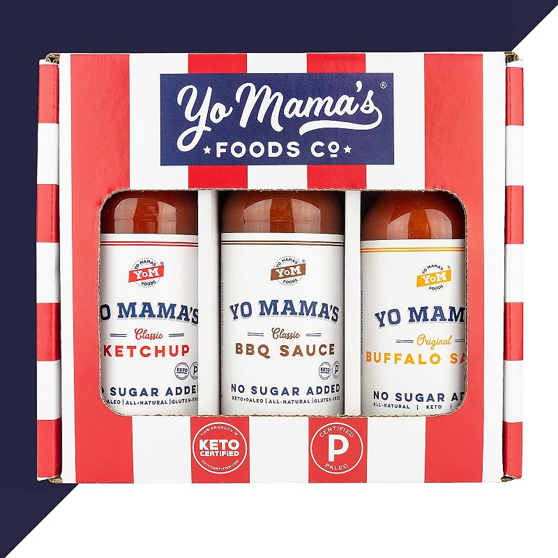 Yo Mama's Foods Grilling Keto Gift Set - Includes (1 ) Buffalo Sauce， (1) Classic Ketchup， (1 ) BBQ Sauce - Keto-Paleo - All-Natural - Gluten-Free and made from Fresh Ingredients