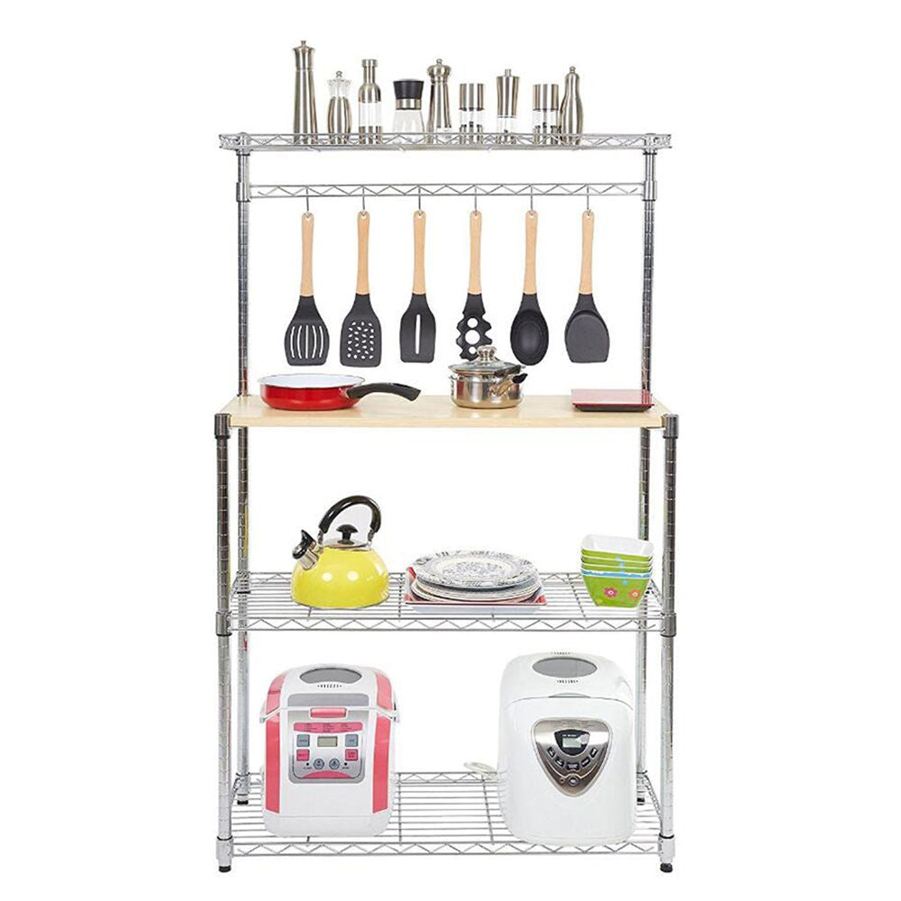 4 Tiers Kitchen Baker’s Rack Steel Storage Rack Microwave Oven Stand Storage Cart with 6 Hanging Hooks Cutting Board