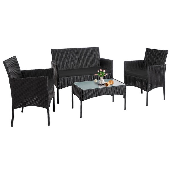 4 Piece Patio Conversation Wicker Furniture Set，Outdoor Rattan Sectional Furniture Set With Cushions