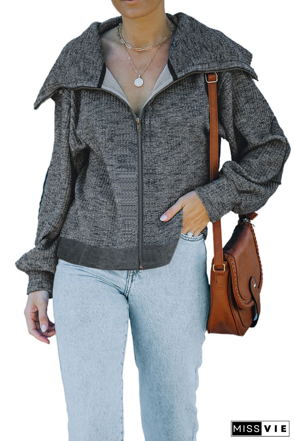 Gray Zip Front Cape Knit Jacket