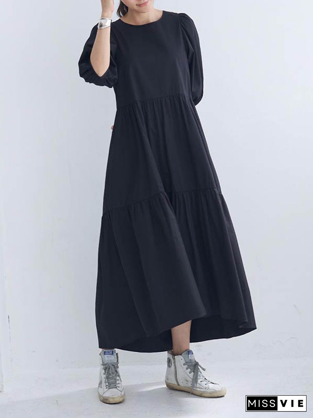 Half Sleeves Puff Sleeves Breathable See-Through Solid Color Round-Neck Midi Dresses