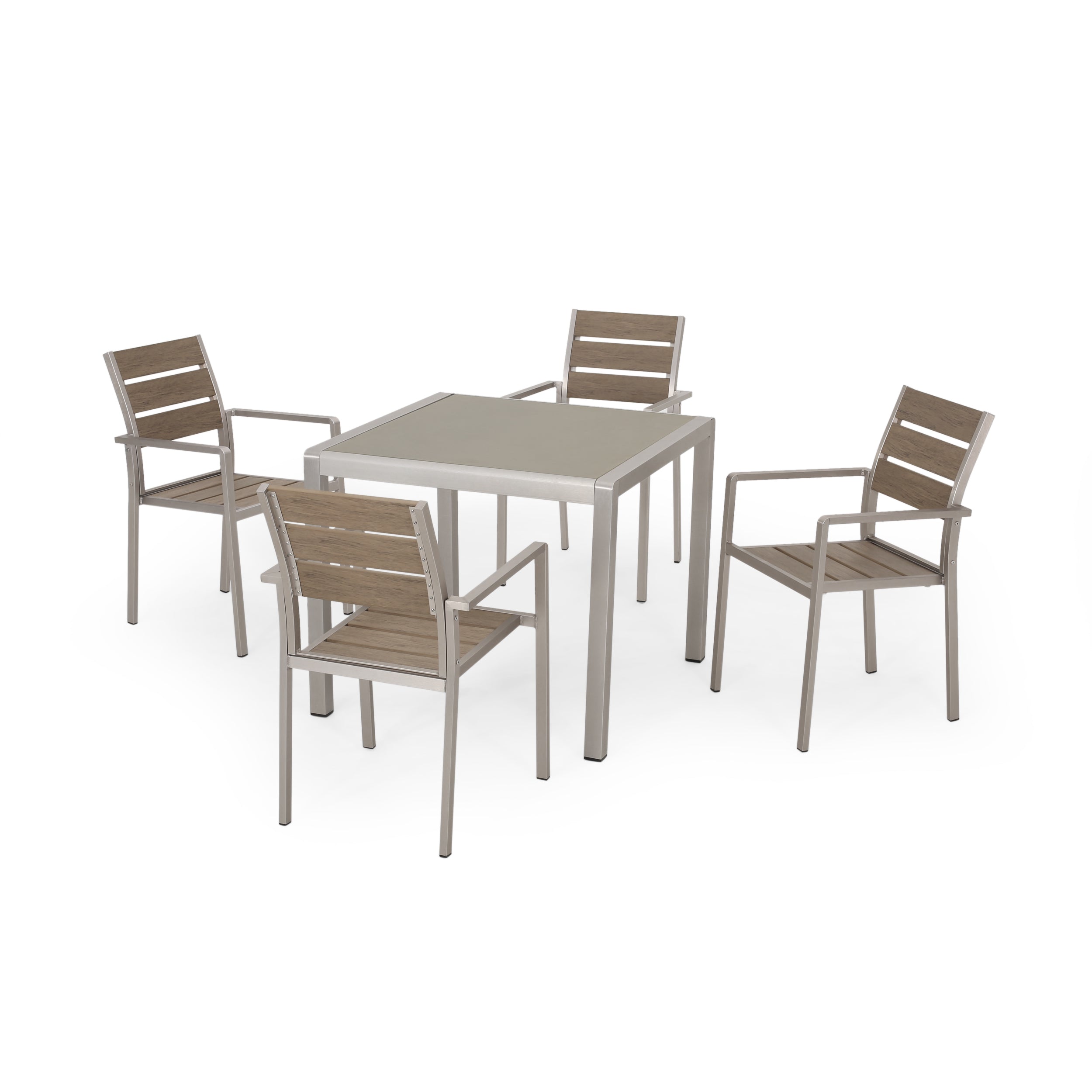 Cherie Outdoor Modern Aluminum 4 Seater Dining Set with Faux Wood Seats