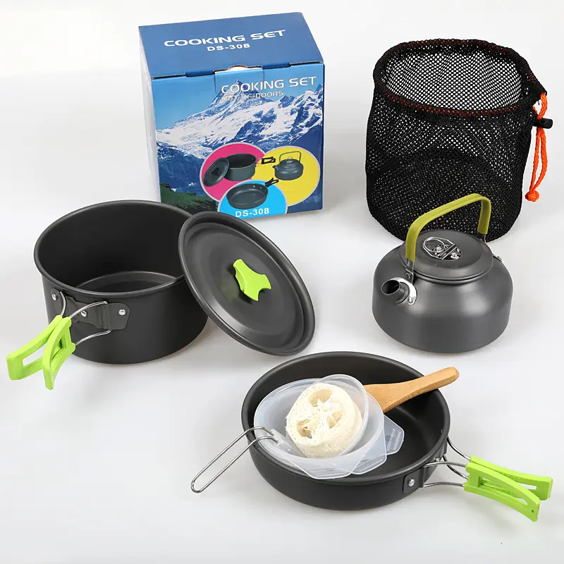 Outdoor Aluminum Cooking Set Camping Cooking Kit Water Kettle Pan Pot Travelling Hiking Picnic BBQ Tableware Equipment