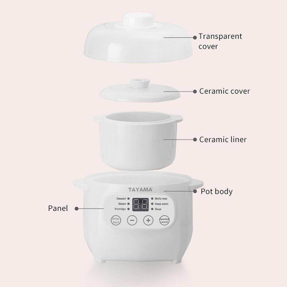 Tayama 1 qt. White Mini Ceramic Stew Slow Cooker with Pre-Settings and Built-In Timer TSP-100