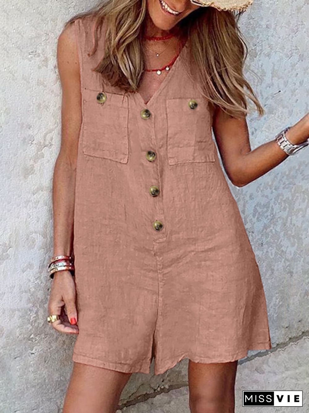 Solid Pocket Button Sleeveless V Neck Casual Romper