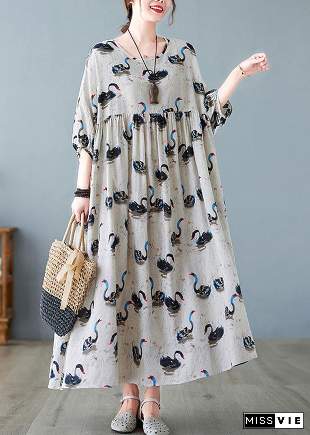 Handmade Black O-Neck Swan Print Patchwork Cotton Maxi Dresses Half Sleeve