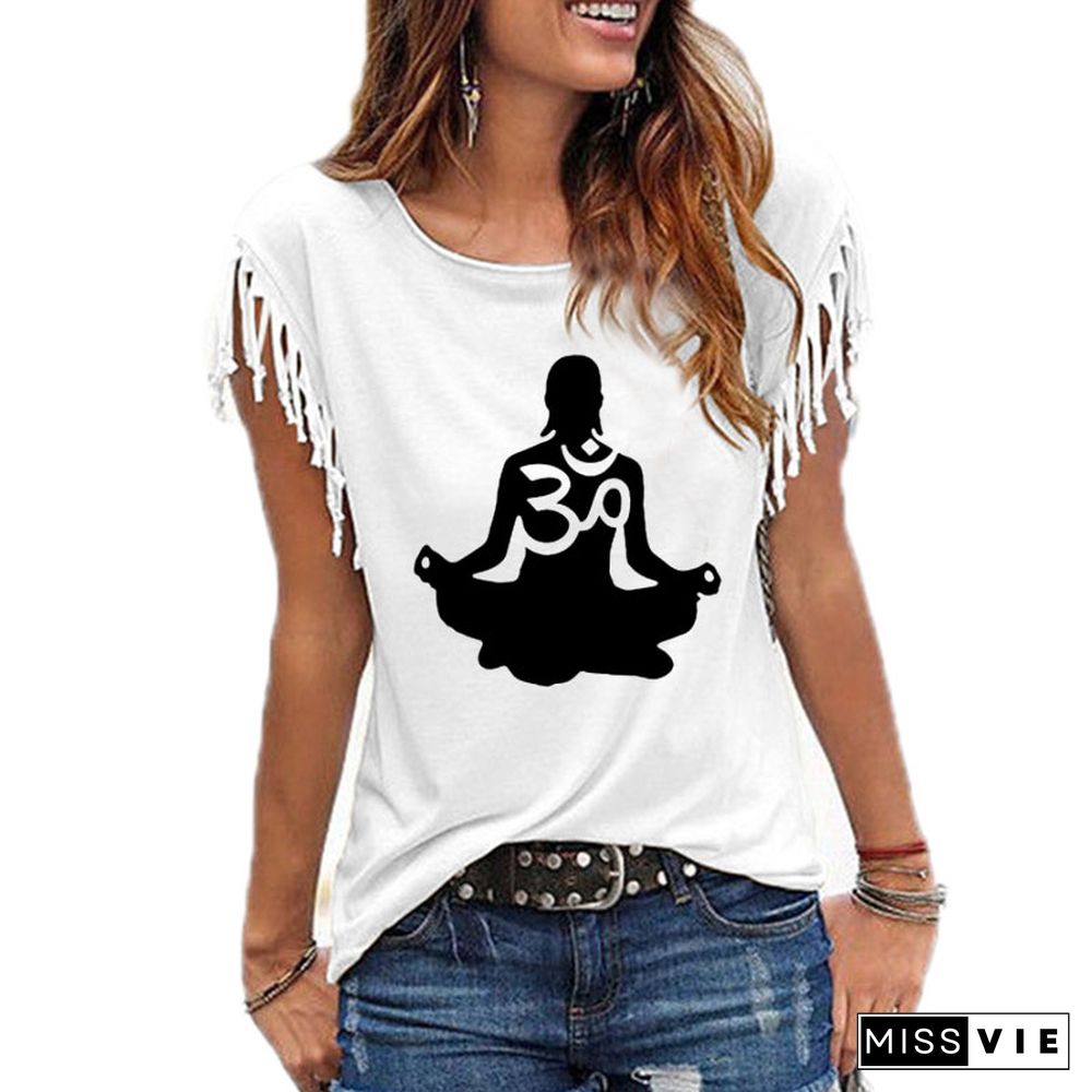 Womens ShortSleeve Om Aum SilhouettePrint T-shirt Summer FashionClothingTShirtWomen's Cotton Tassel Casual T-shirt