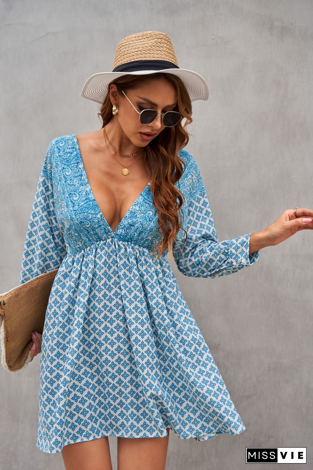 Sky Blue V Neck 3/4 Sleeve Bohemian Vintage Print Mini Dress