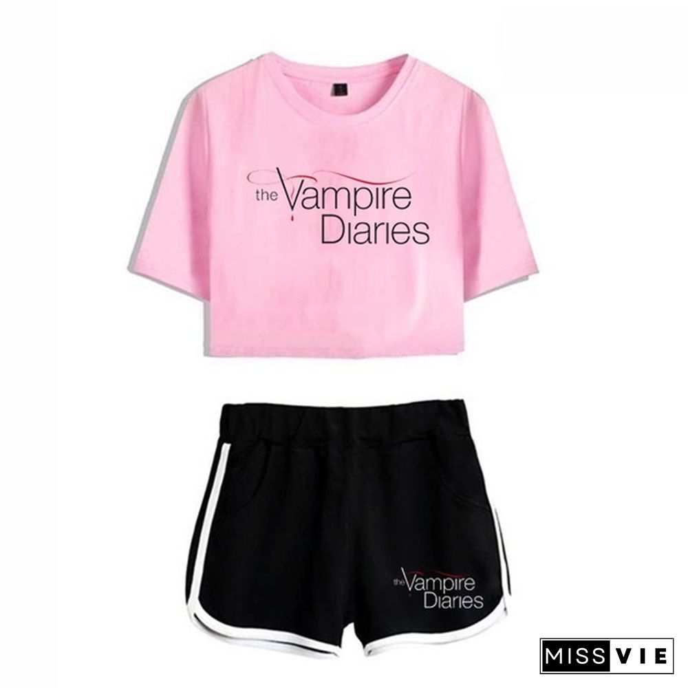 Summer Funny the Vampire Diaries Two Piece Set Summer Harajuku Cotton Print Crop Top T Shirt and Shorts