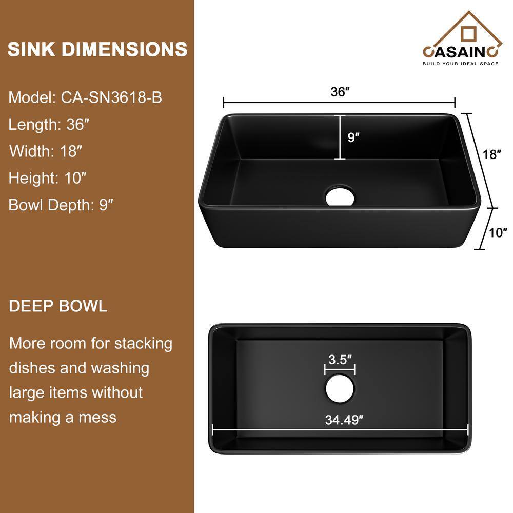 CASAINC Black Fireclay 36 in. Single Bowl Farmhouse Apron Kitchen Sink with Two-function Sprinkler Kitchen Faucet CA-B36-D0675MB