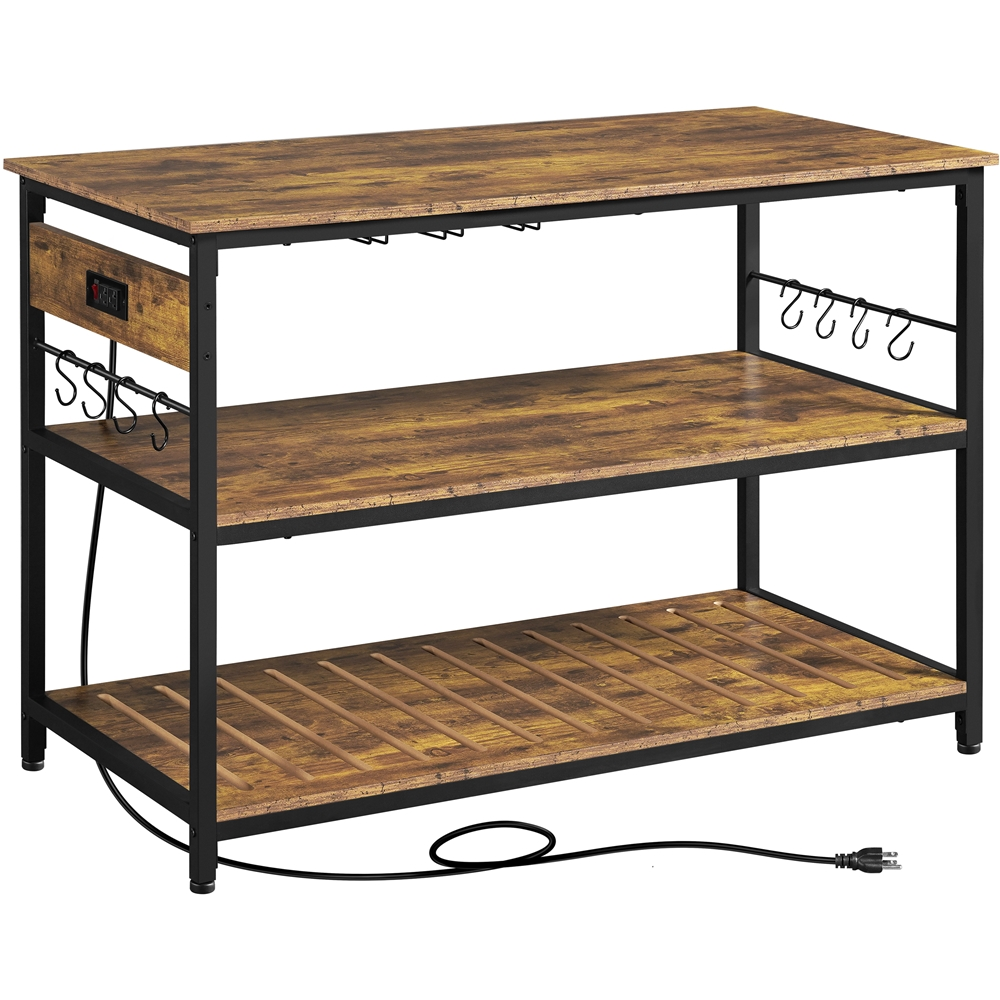 Easyfashion Rolling Kitchen Island with 3 Shelves， Glass Holder and Power Outlets， Rustic Brown