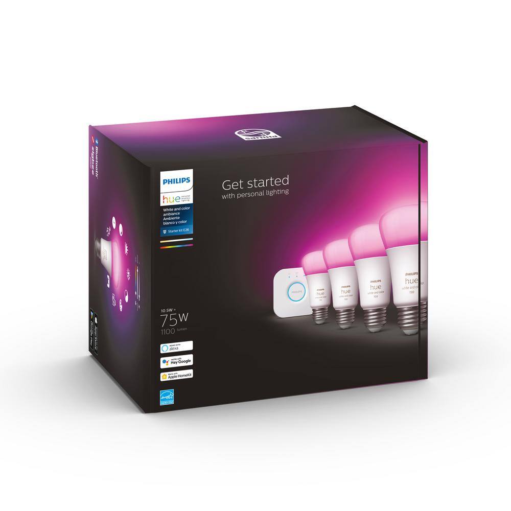 Philips 75-Watt Equivalent A19 Smart Wi-Fi LED Color Changing Light Bulb Starter Kit (4 Bulbs and Bridge)  Outdoor Light Strip 563296