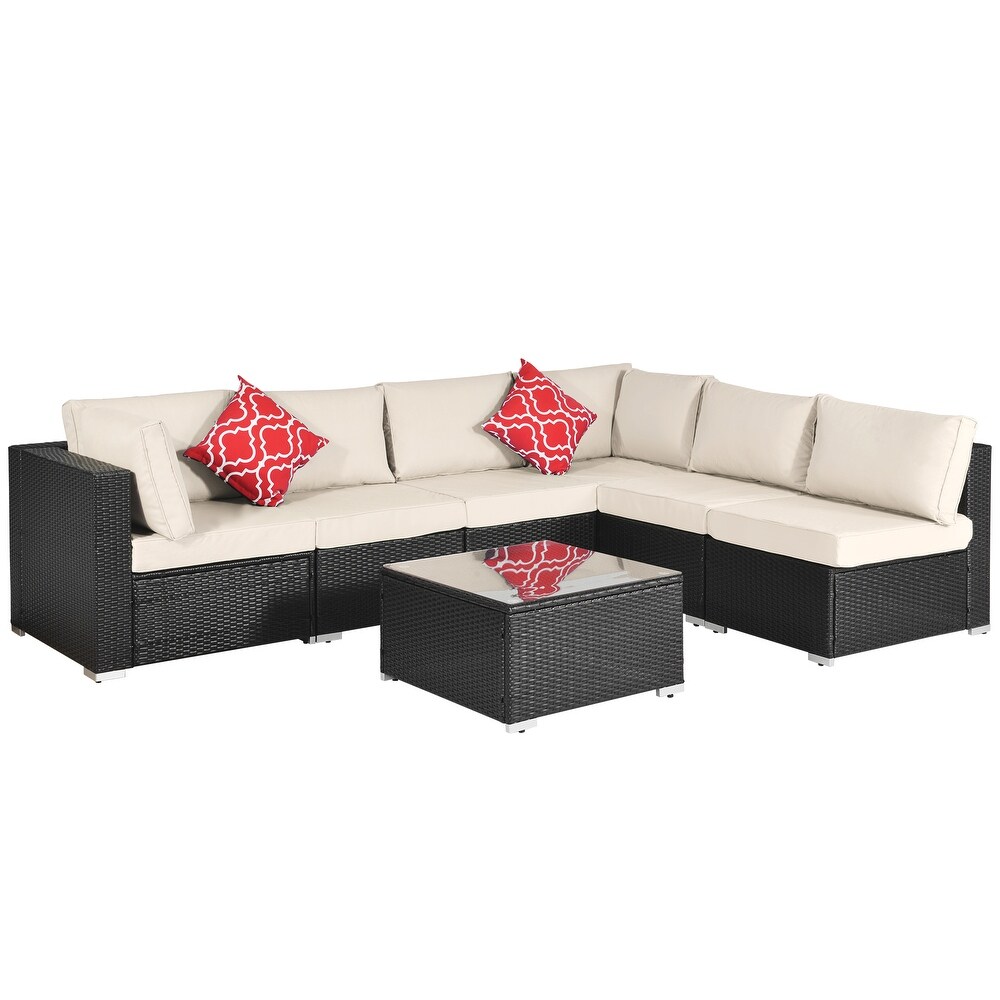 Outdoor Garden Patio Furniture 7 Piece PE Rattan Wicker Sectional Cushioned Sofa Sets with 2 Pillows and Coffee Table