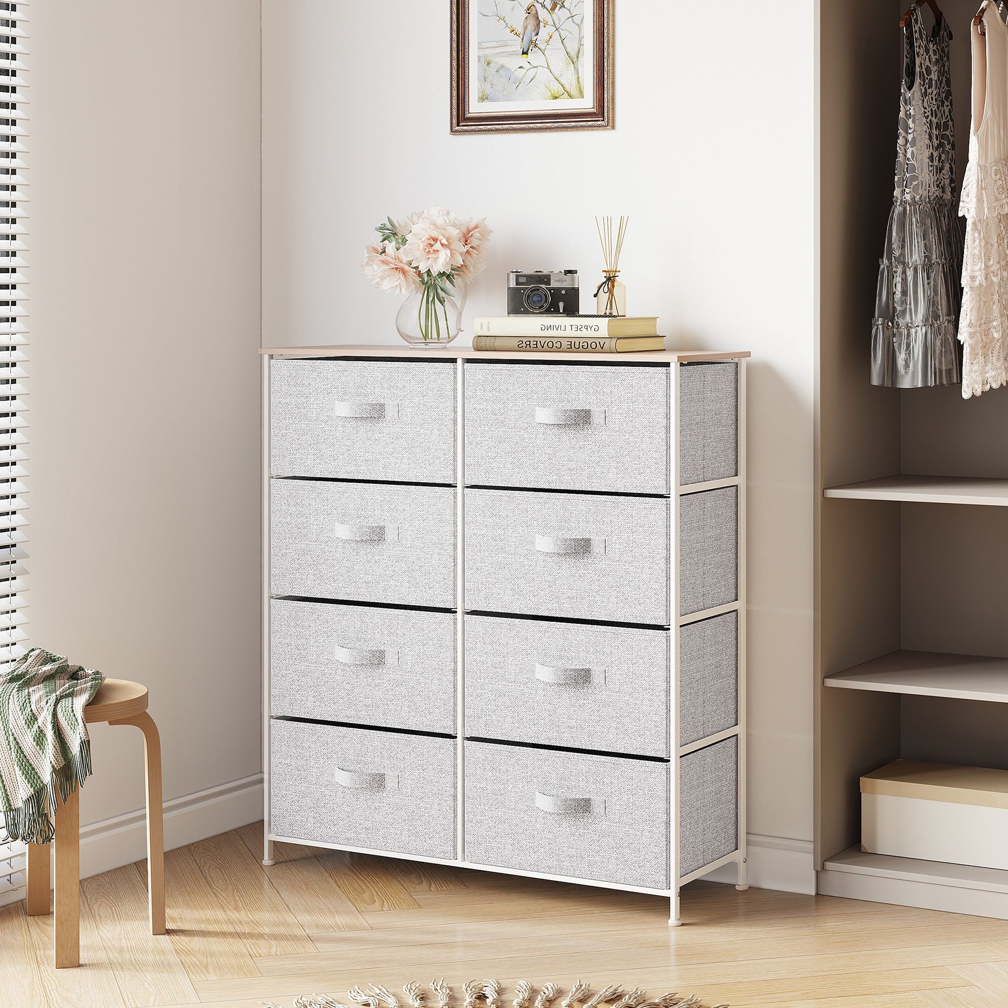 YITAHOME Vertical Dresser with 8 Fabric Drawers Bins for Bedroom, Organizer Storage Tower Cabinet with Shelf, Light Gray