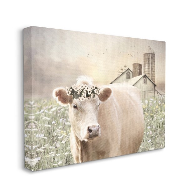 Stupell Industries Realistic Cow Floral Crown Tranquil Farm Field