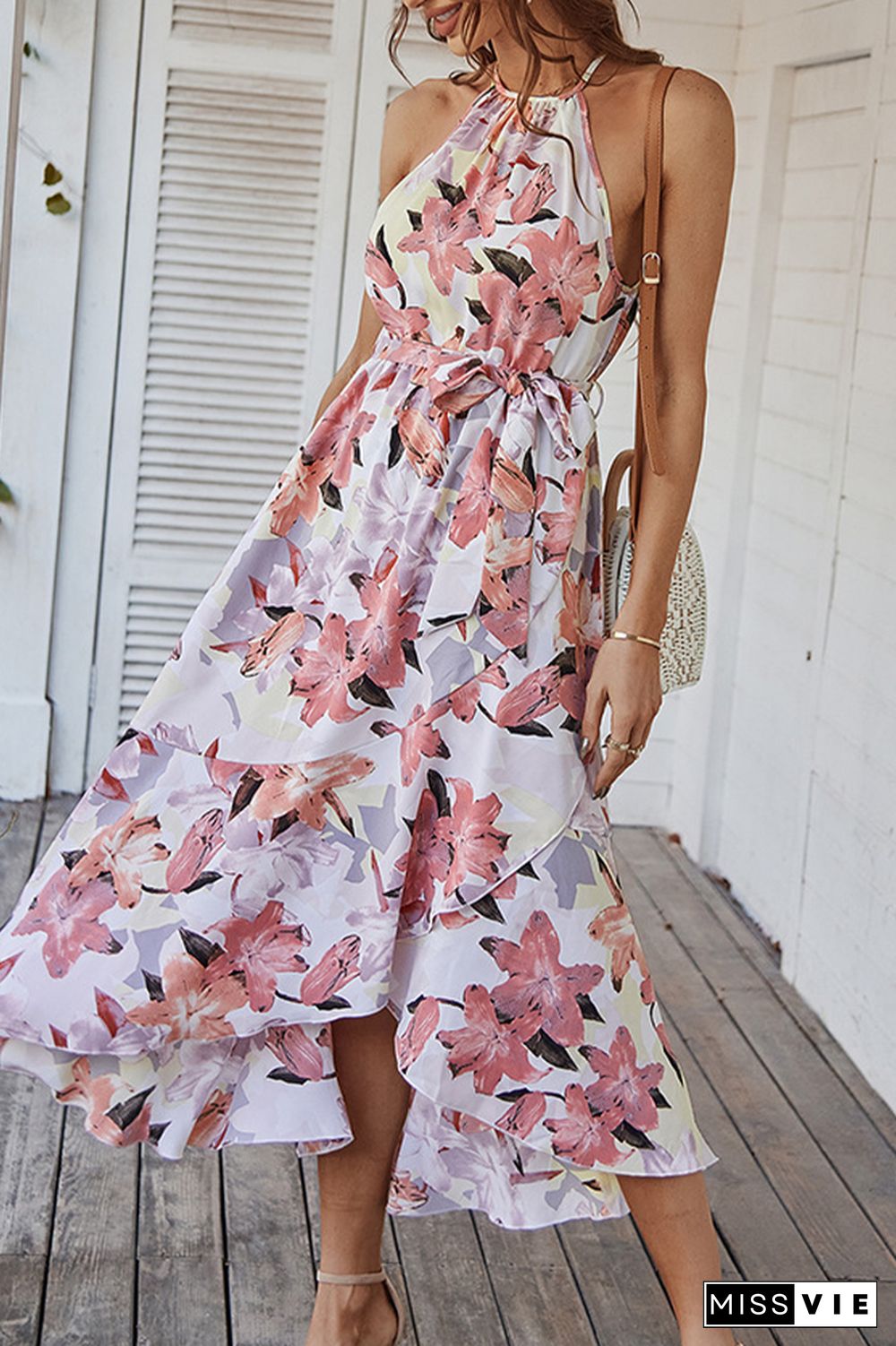 Halter Tie Waist Floral Print Dress Wholesale