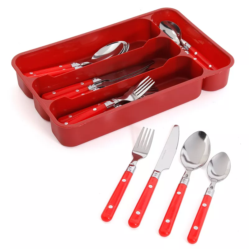 Gibson Everyday Casual Living 24 Piece Stainless Steel Flatware Set with Storage Tray in Red