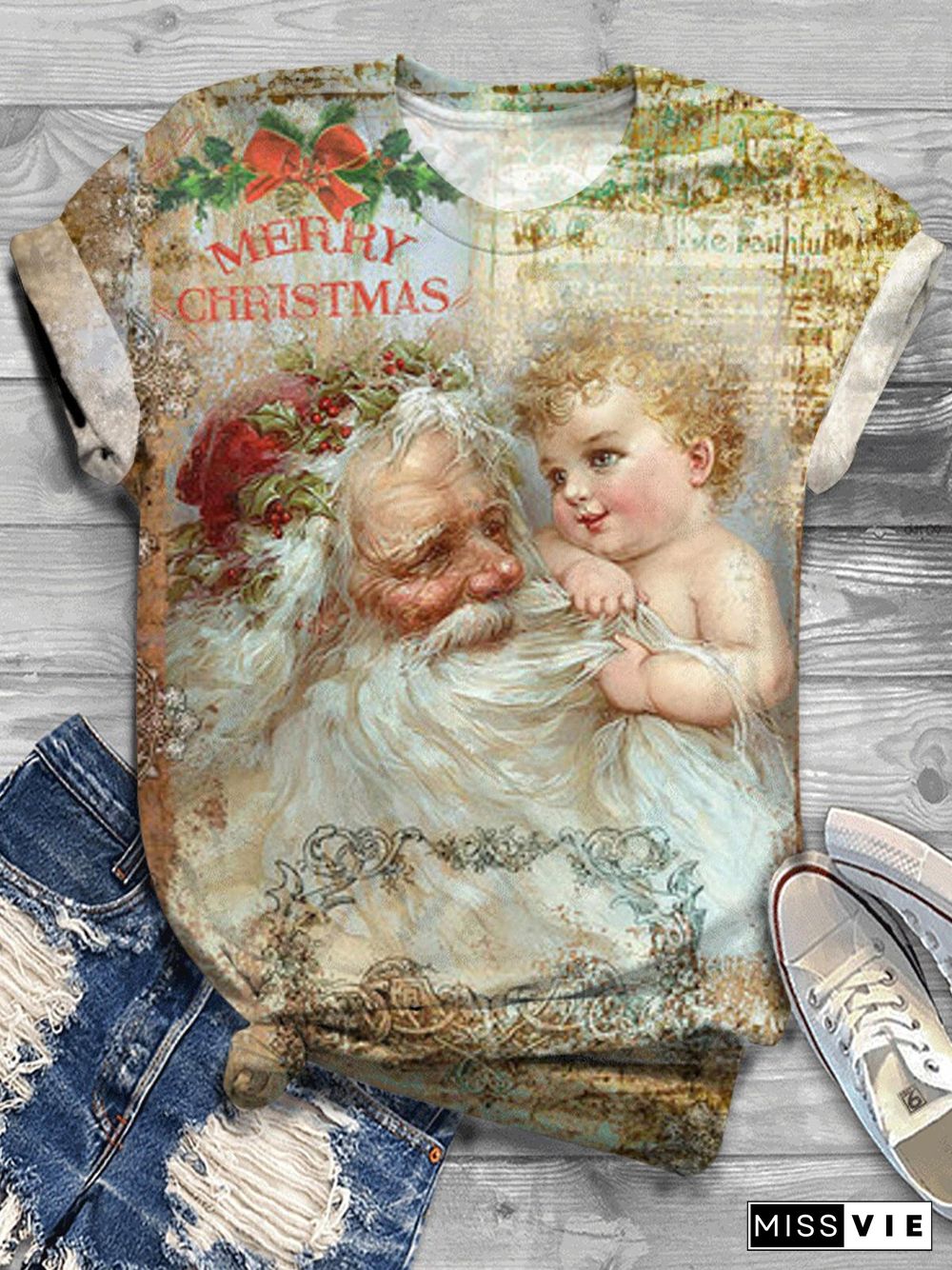 Santa And Little Angel Crew Neck T-shirt