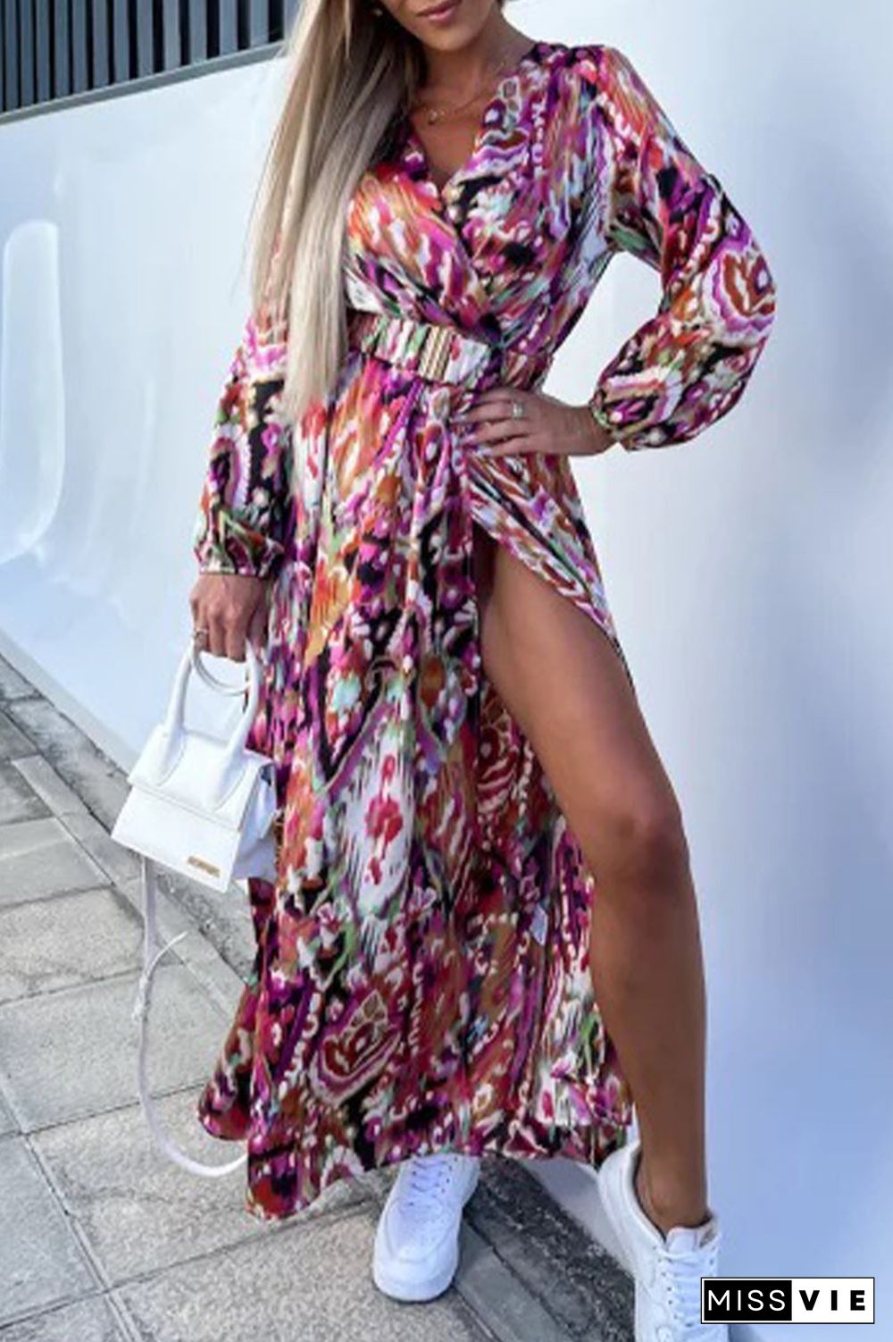 Sexy Vacation Geometric Patchwork With Belt V Neck Printed Dress Dresses