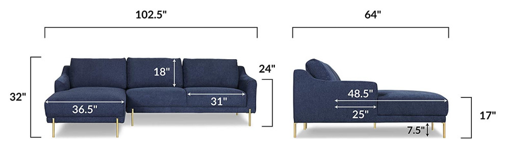 Left Facing Sectional Sofa  Brass Plated Legs  ampPolyester Seat   Contemporary   Sectional Sofas   by Decor Love  Houzz