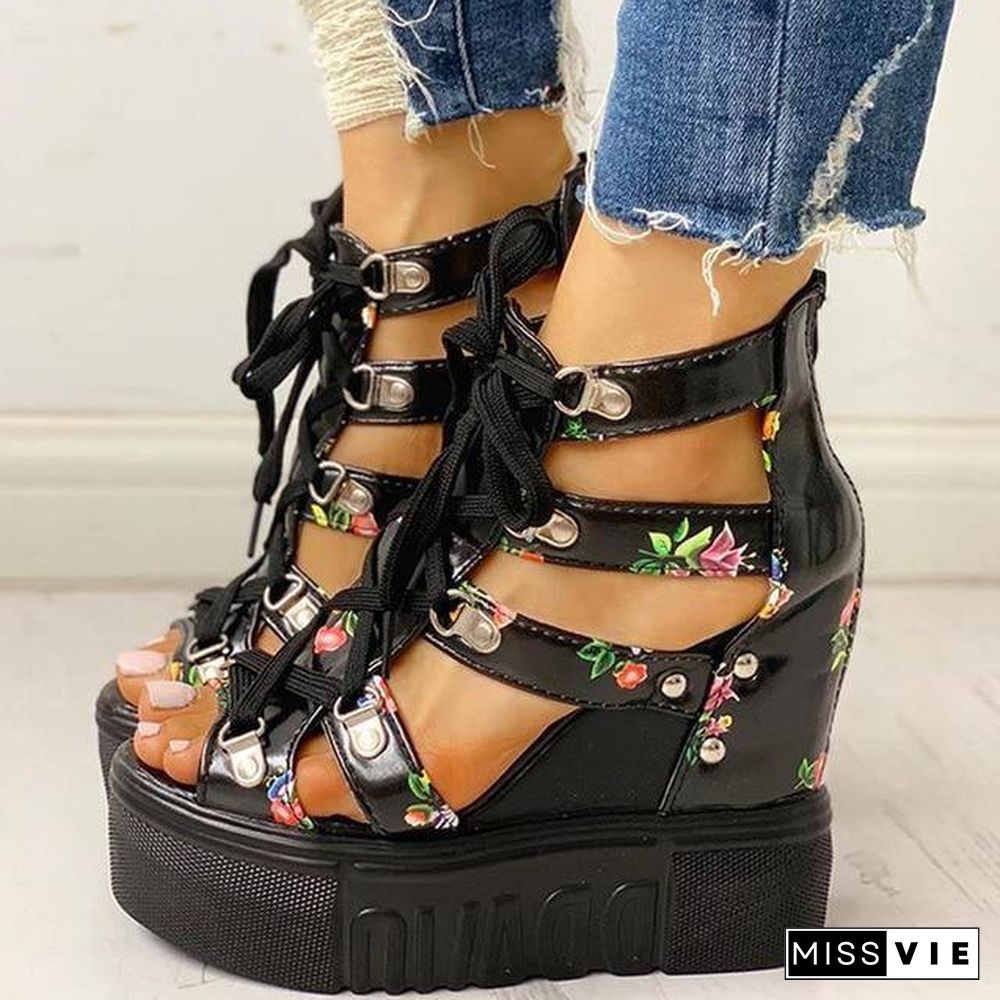 INS Hot Print Leisure Wedges Women's Shoes Summer Shoes Women Sandals Platform Shoelaces High Heels Casual Shoes Woman