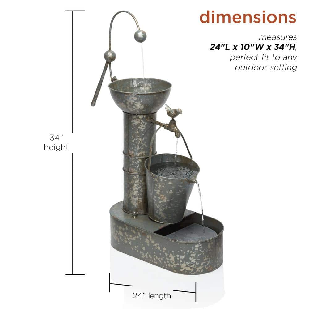 Alpine Corporation 34 in. Tall Outdoor 3-Tier Rustic Metal Water Pump Fountain MAZ186