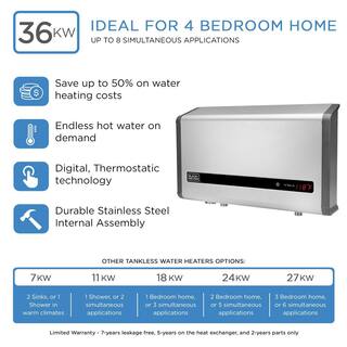 BLACK+DECKER 36 kW 6.2 GPM Residential Electric Tankless Water Heater Ideal for 4 Bedroom Home Up to 8 Simultaneous Applications BD-36HD