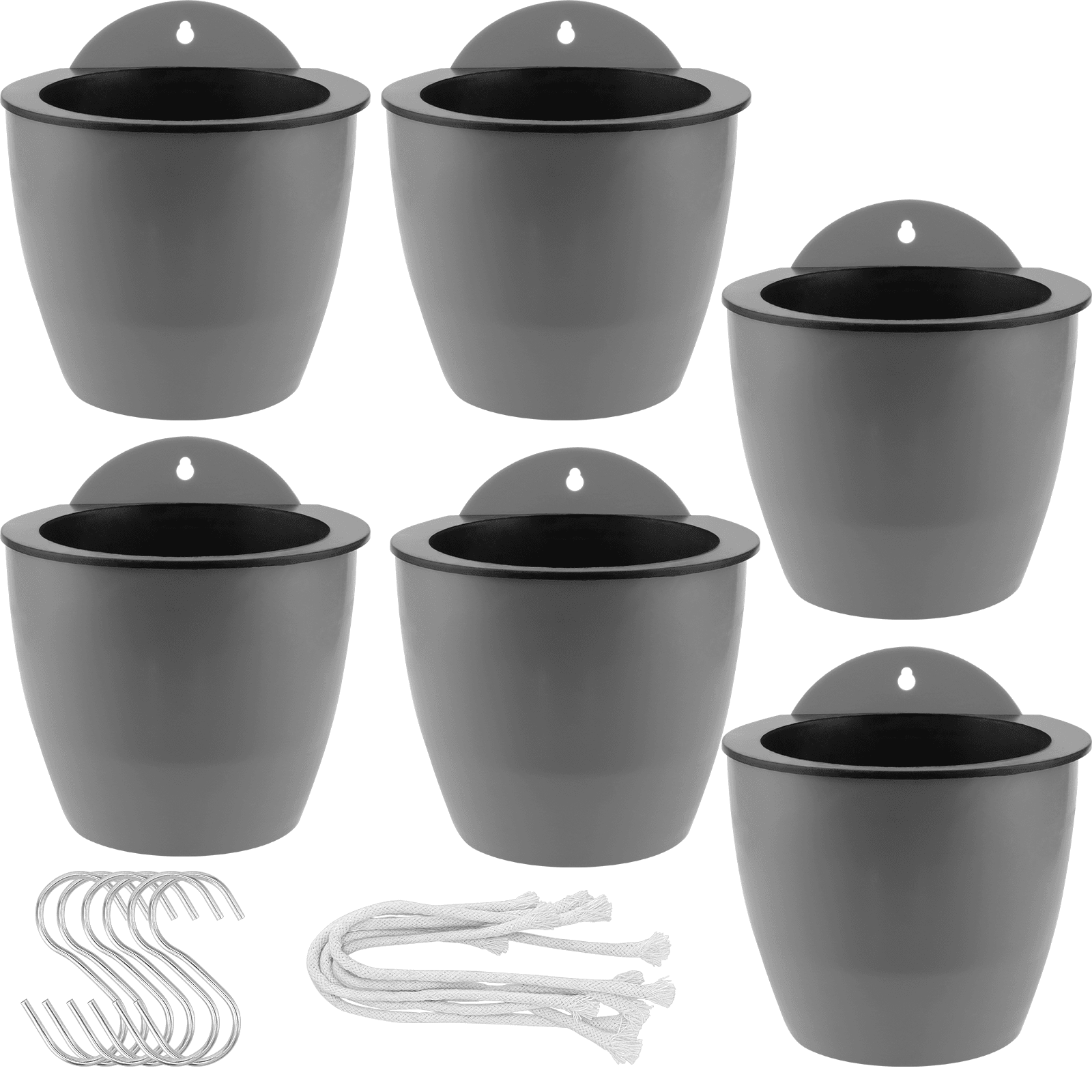 SEUNMUK 6 Pack 7 Inch Self Watering Wall Hanging Planters, Plastic Lazy Flower Pots with S-Hooks and Wicks for Indoor Outdoor, Gray