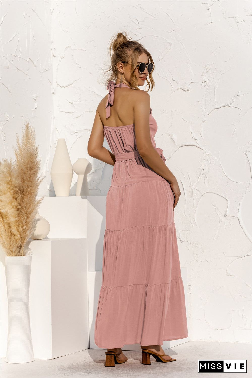 Tie Waist Round-Neck Spaghetti Strap Backless Maxi Dress