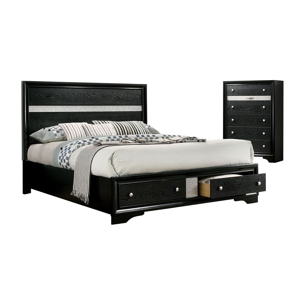 Manzini Contemporary Black Solid Wood 2 Piece Storage Platform Bed and Chest Set by Furniture of America