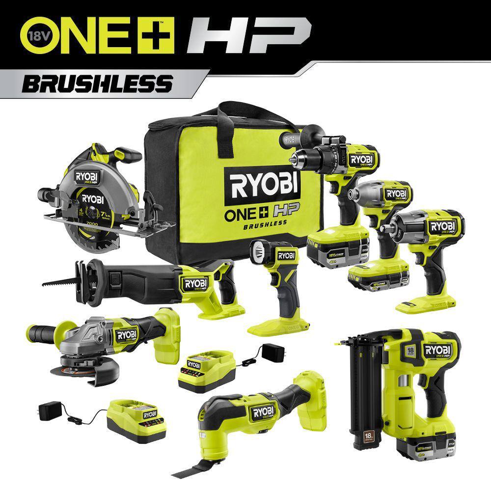 RYOBI ONE+ HP 18V Brushless Cordless 8-Tool Combo Kit with (2) Batteries Charger and Bag with FREE 18-Gauge Brad Nailer Kit PBLCK108K2-P322K