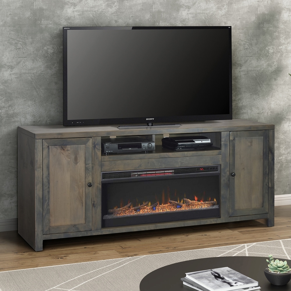 Bridgevine Home 84 in. No Assembly Required Barnwood Finish Solid Wood Fireplace TV stand