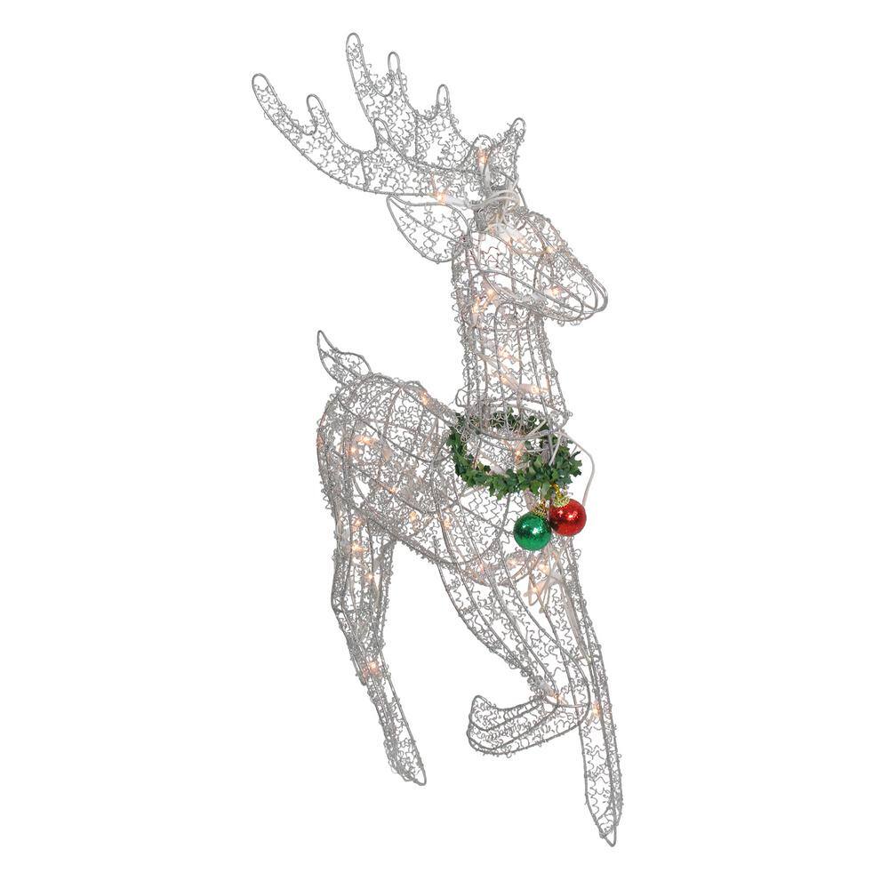 25 in. Lighted Silver Sisal Prancing Reindeer Christmas Outdoor Decoration 31466986