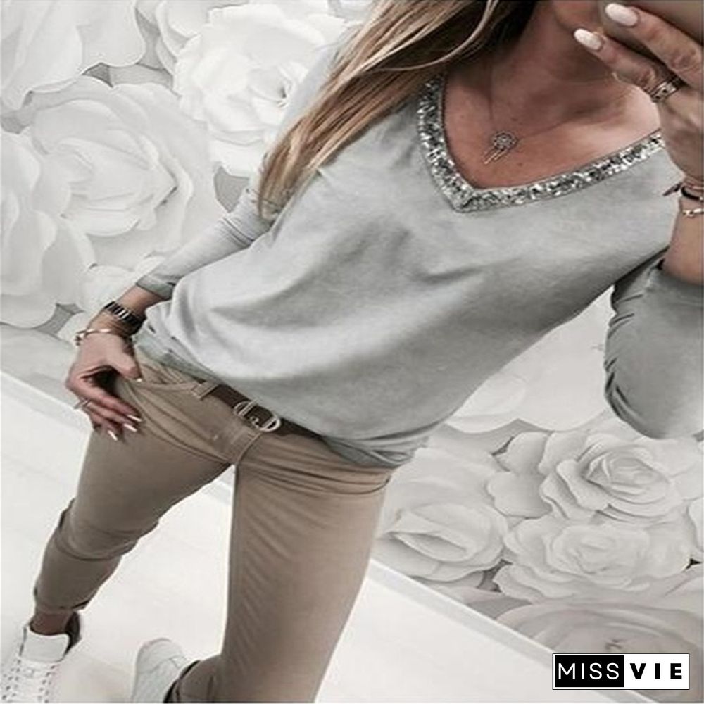 Spring New Fashion Women's Casual Clothing V-neck Sequins Long Sleeved Shirt Plus Size Blouse Tops S-5XL