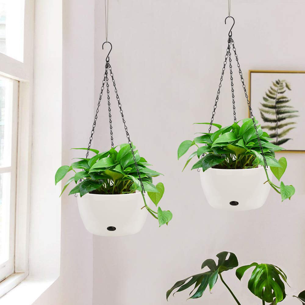 GROWNEER 2 Packs 9.4 Inches Plastic Hanging Planter Self Watering Basket with 6 Pcs Hooks, Hanging Flower Pot with Detachable Base for Garden Indoor Outdoor Home Decoration (White)