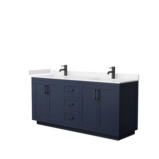 Wyndham Collection Miranda 72 in. W Double Bath Vanity in Dark Blue with Cultured Marble Vanity Top in Light-Vein Carrara with White Basins WCF292972DBBC2UNSMXX